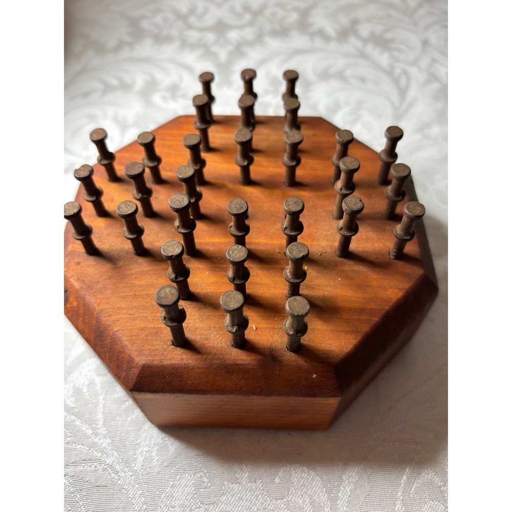 Handmade Wooden Octagon Peg Solitaire Game Rustic Metal Pins Folk Art Vintage - Picture 2 of 7